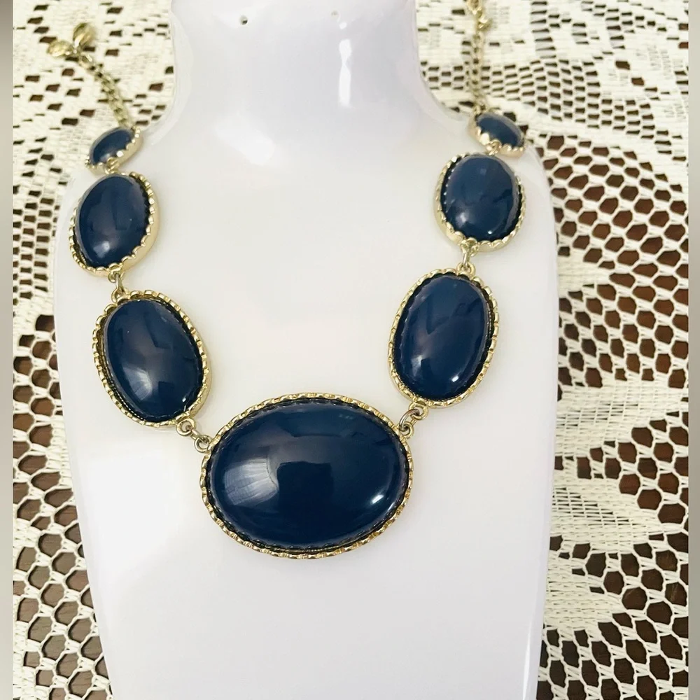 J. Crew Dark Blue Oval Necklace with Silver Chain